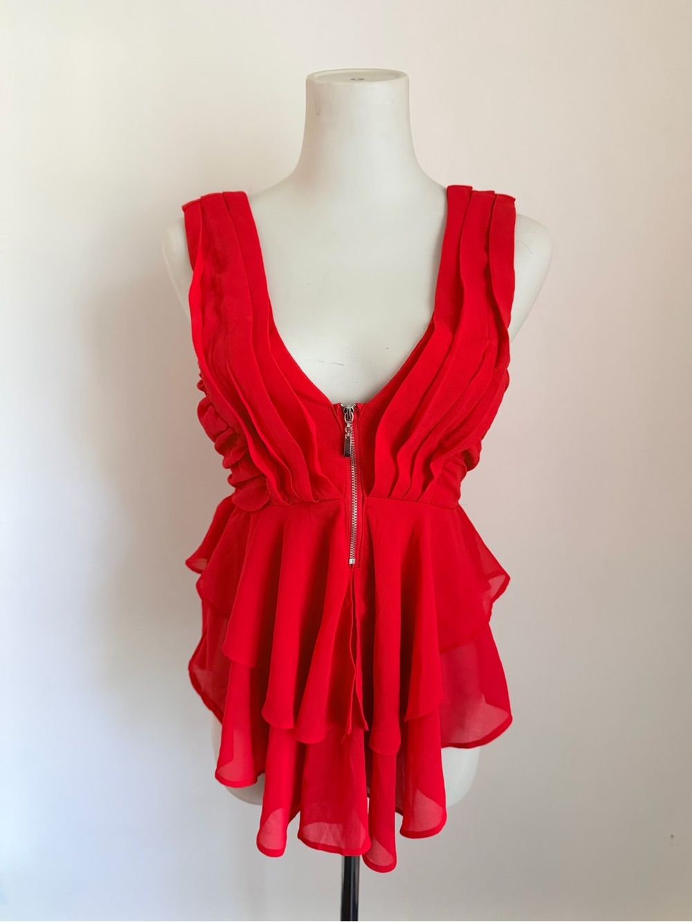 Red Ruffle Zip-Front Peplum Tank Top